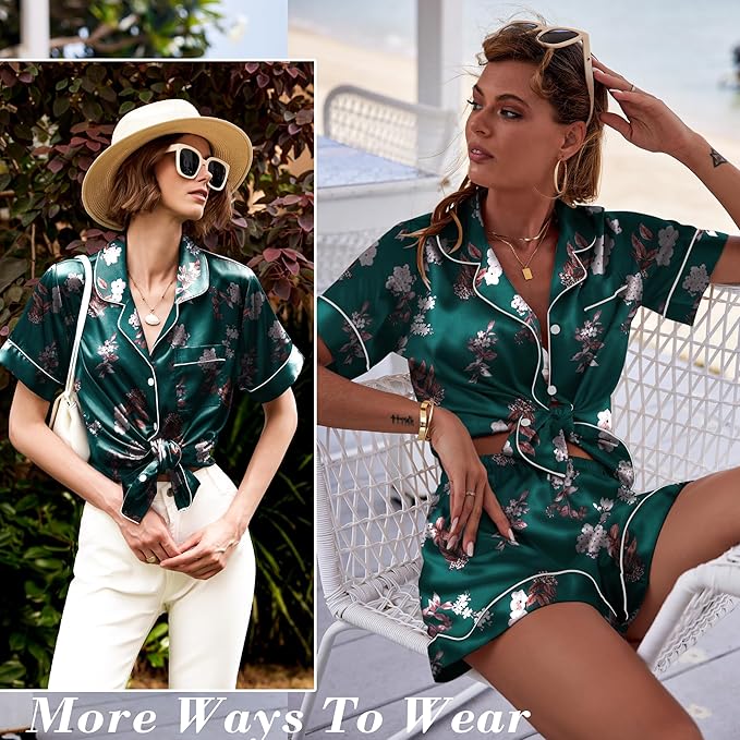 Ekouaer Pajamas for Women Set Silk Satin Pjs Shorts Sleepwear 2 Piece Loungewear S-XXL
