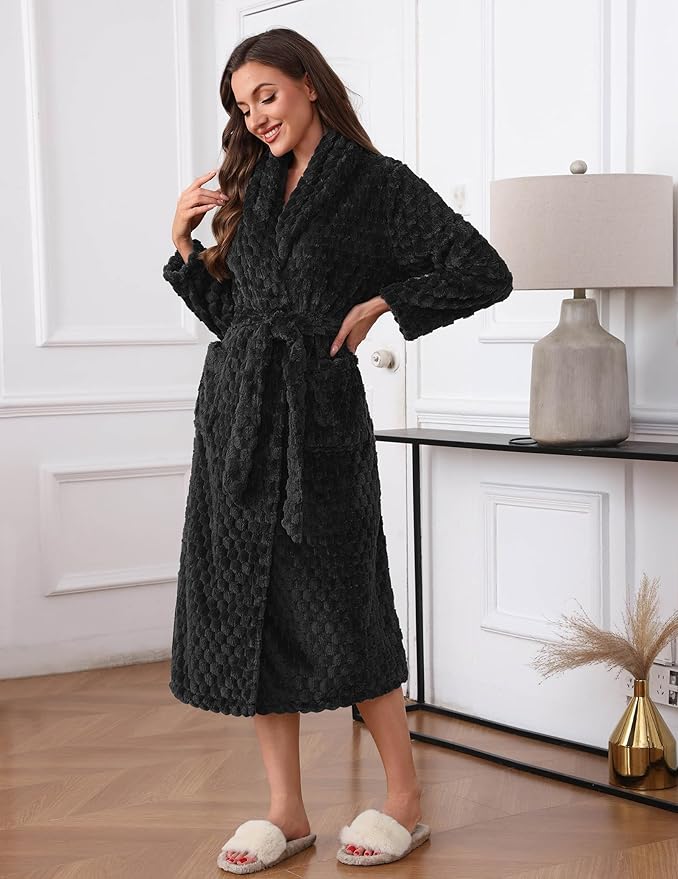 Ekouaer Women's Robe Long Plush Soft Bathrobe Jacquard Color Block Robes Shawl Collar Sleepwear with Pockets S-XXL