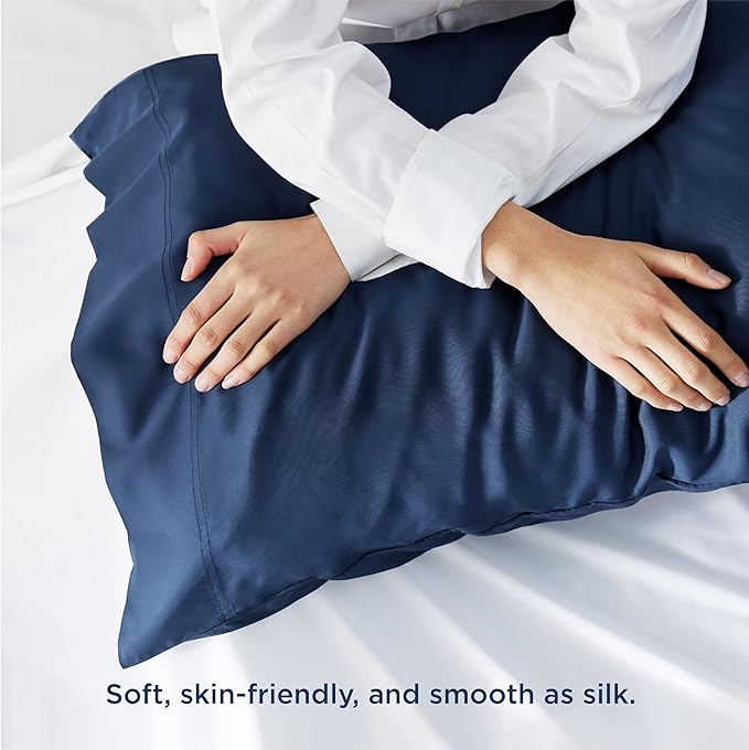 Bedsure Pillow Cases Standard Size, Cooling Pillow Cases, Rayon Derived from Bamboo Navy Blue Pillowcases Standard Set of 2, Breathable & Soft Bedding Pillow Cover with Envelope Closure, 20x26 Inches