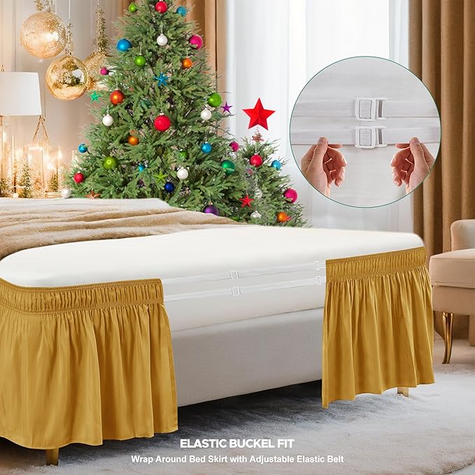 Biscaynebay Wrap Around Bed Skirts for Queen Beds 17" Long Drop, Gold Adjustable Elastic Dust Ruffles Easy Fit Wrinkle Resistant Silky Luxurious Fabric Machine Washable