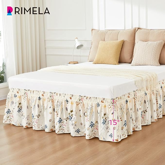 RIMELA Balloon Flower Floral Bed Skirt Queen Size 15 Inch Drop, Elastic Bed Skirting for Bed Frame, Bedding Dust Ruffle Easy to Install, Lightweight Wrap Around Adjustable Bedskirt