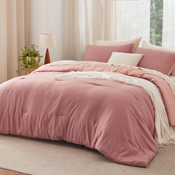 Bedsure Twin/Twin XL Comforter Set, Reversible Pink Clay Soft Prewashed Bedding for All Seasons, 2 Pieces Warm Down Alternative Bed Set, 1 Lightweight Comforter (68"x88") and 1 Pillowcase