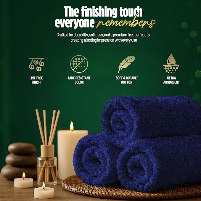 Pearl Linens Pack of 24 100% Cotton Hand Towels, Salon Towels for Spa, Gym and Bathroom Use, Hair Towels in Bulk, Soft, Absorbent, Quick Dry & Machine Washable, 16x27 inches, Royal Blue