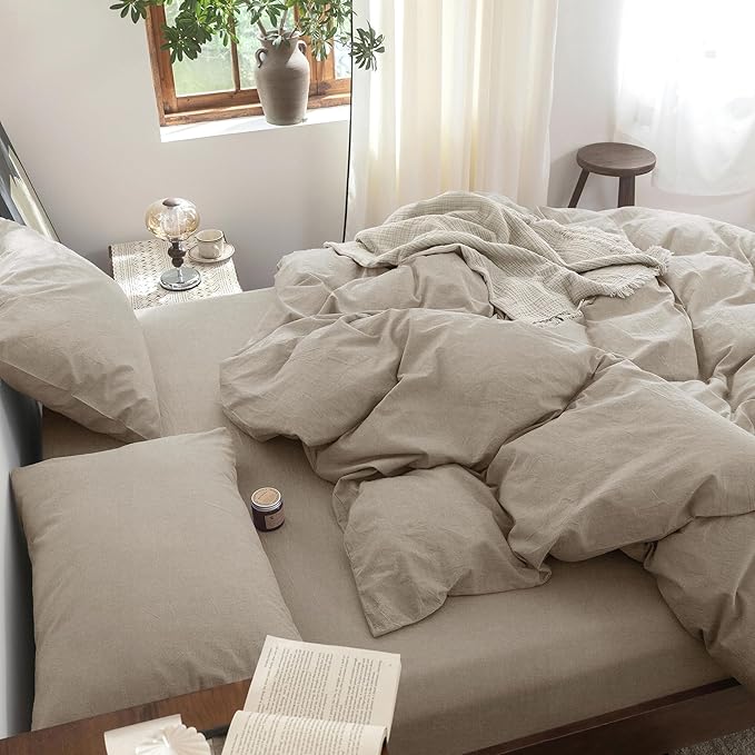 FOSSA Duvet Cover Set 100% Washed Cotton Linen Feel Super Soft Breathable Cozy 3 Pieces Bedding Sets Solid Tannish Linen Grey Oversized King Plus