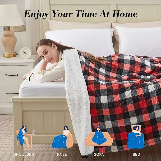 Westinghouse Full Size Heated Blanket Electric Blanket, Flannel & Sherpa Heating Blanket with10 Heating Levels & 1 to 12 Hours Heating Time Settings, Fast Heating Blanket Red Plaid, 72x84 Inches