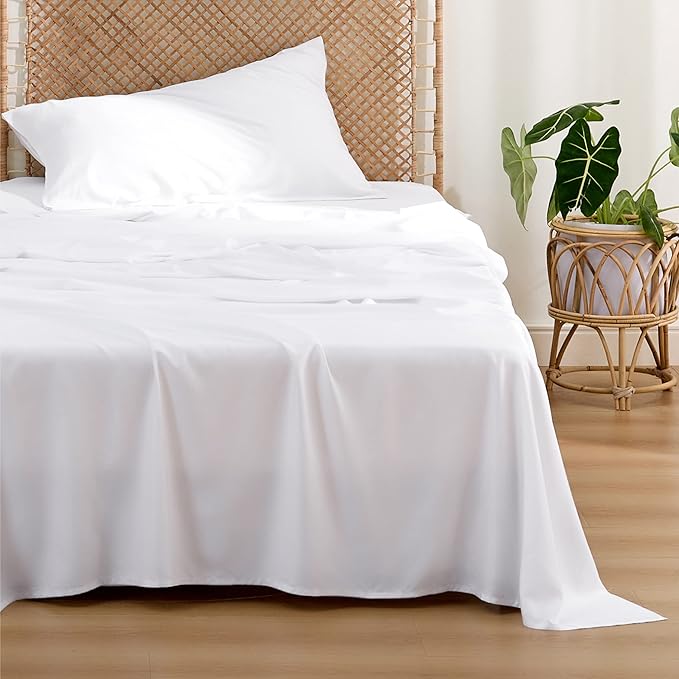 Bedsure Cooling Sheets Twin, Rayon Derived from Bamboo, Cooling Sheets, Breathable & Soft, Deep Pocket Up to 16 Inches, Hotel Luxury Silky Bedding for Hot Sleepers, White