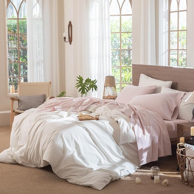 MooMee Bedding Sheet Set 100% Washed Cotton Linen Like Textured Breathable Durable Soft Comfy (Heathered Greyish Pink, California King)