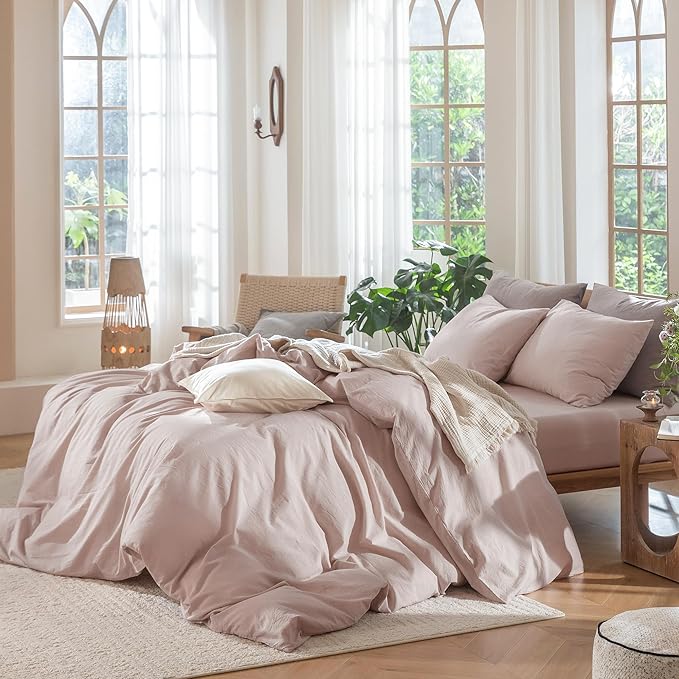 MooMee Bedding Duvet Cover Set 100% Washed Cotton Linen Like Textured Breathable Durable Soft Comfy (Heathered Greyish Pink, Cal King 104"x98")