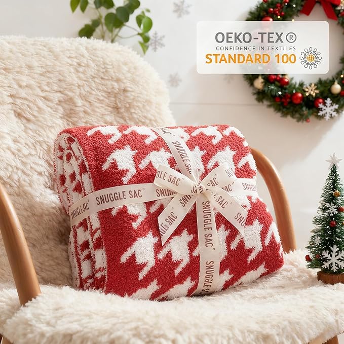 Snuggle Sac Christmas Throw Blanket - Soft Holiday Blanket for Couch, Gift for Family - Houndstooth Red, 50x60 Inches