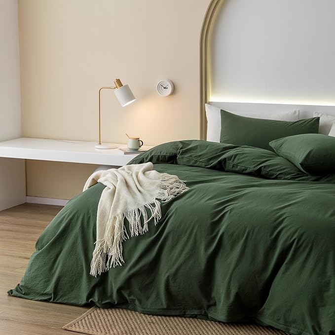 JIYUAN 100% Washed Cotton Duvet Cover Set 3 Pieces Super King, 1 Duvet Cover 108x98 Inches(Comforter Not Included) and 2 Pillowcases,Linen Feel Bedding Set Comfy and Breathable,Forest Green