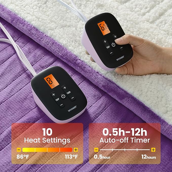 WOOMER Heated Blanket Queen Size,Durable Flannel and Soft Sherpa,Dual Control,84” × 90” Electric Blanket, 10 Heat Levels&0.5-12h auto-Off, Overheat Protection,Energy Efficient