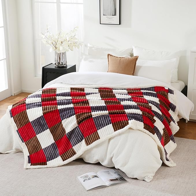 PU MEI Sherpa Blanket Twin Plaid Thick Bed Blanket, 60”*80” Super Soft Flannel Fuzzy Fleece Reversible Velvet Plush Warm Blanket for Couch (Gray Red Check)