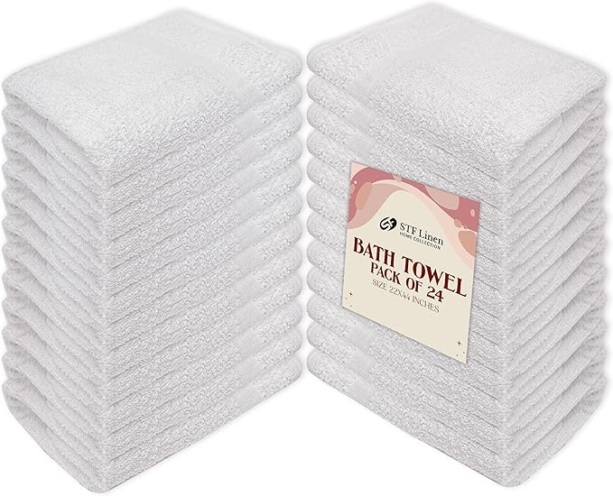 24 Pack White 22x44 Inch Cotton Bath Towels - Lightweight, Quick Drying, Commercial Grade