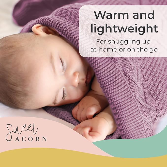 Knit Baby Blanket in Cable Pattern, Organic Cotton Blankets for Crib or Stroller, Receiving Blankets - Lilac Purple