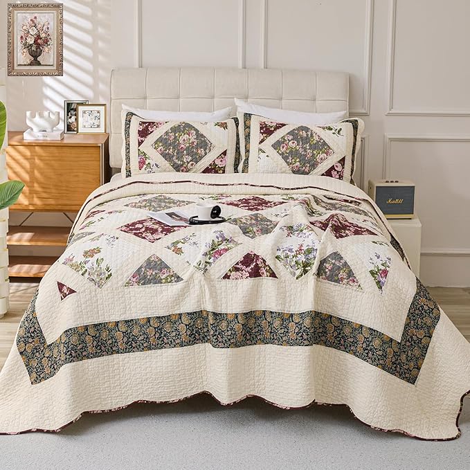 Cmfshape Floral Quilt Sets Bedspread Set 100% Cotton Patchwork Bedding Set,All Season Use Lightweight Reversible Coverlet Quilts with 2 Pillow Shams(Queen 92"x96")