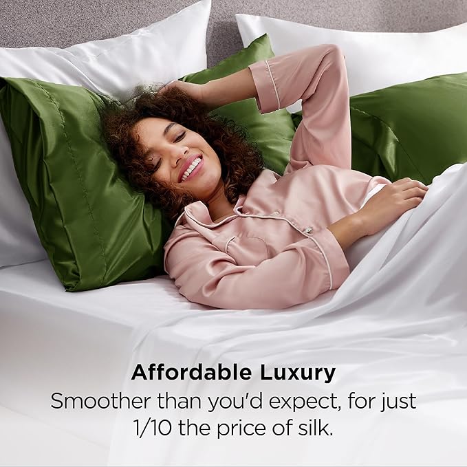 Bedsure Satin Pillowcase for Hair and Skin Queen - Moss Silky Pillowcase 2 Pack with Envelope Closure, Similar to Silk Pillow Cases, Gifts for Women Men, 20x30 Inches, 2pcs