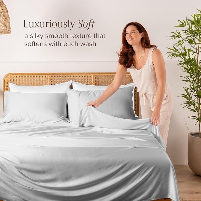 Bare Home 100% Rayon Made from Bamboo Queen Sheet Set - 4 Piece Bedding Set - Deep Pockets - Breathable - Easy Fit - Bedding Sheets & Pillowcases (Queen, Cloud Grey)