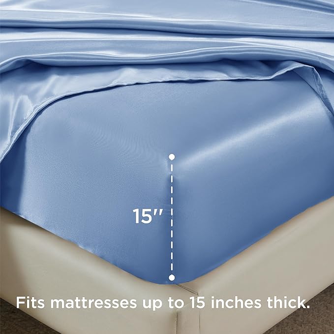 Bedsure Satin Sheets Full Size - 4 Piece Silky Bedsheets with 15 Inches Deep Pocket Fitted Bedsheet,1 Flat Sheet, 2 Satin Pillowcases, Good for Hair & Skin (Full, Sky Blue)