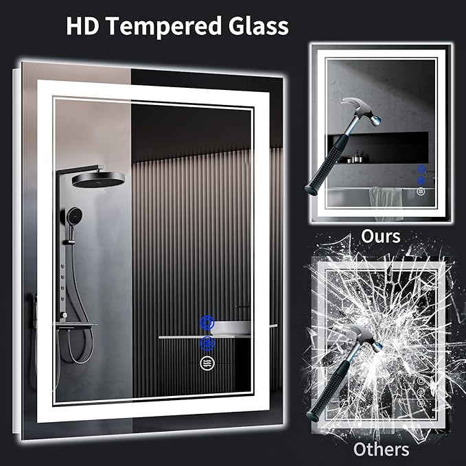 32"x30" LED Bathroom Mirror with Anti-Fog, Stepless Dimmable Lights, 3 Color Modes, Shatter-Proof Tempered Glass, Memory Function & Waterproof Design
