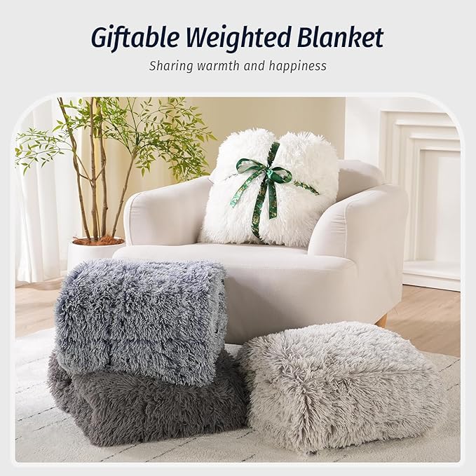 Wemore Shaggy Long Fur Faux Fur Weighted Blanket, Cozy and Plush Sherpa Long Hair Blanket for Adult 15lbs, Fluffy Fuzzy Sherpa Reverse Heavy Blanket for Bed, Couch, Backprint Navy Blue, 48 x 72 Inches
