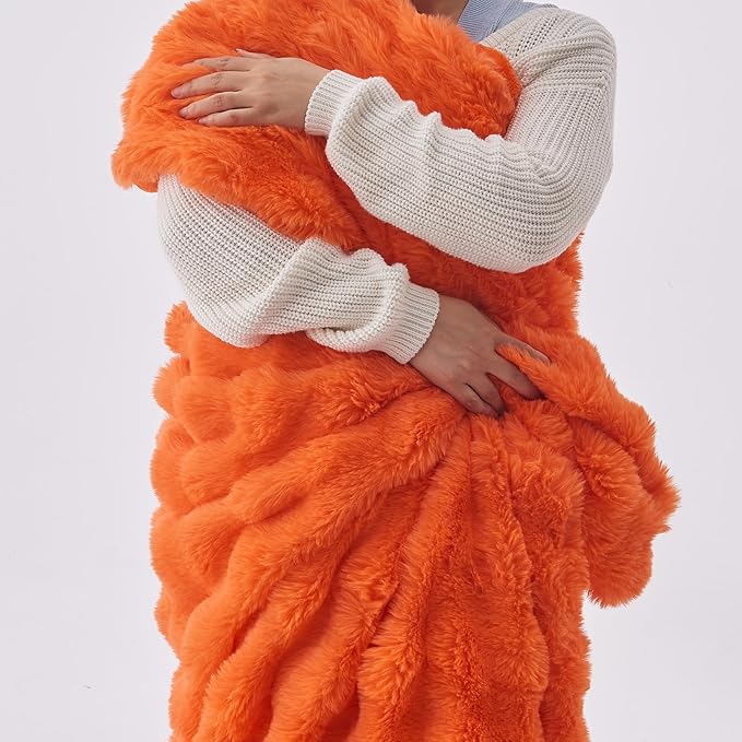 Fluffy Luxury Faux Rabbit Fur Bubble Blanket - Warm & Cozy Fuzzy Plush Thick Decorative Throw Blanket for Bed, Sofa - Queen Size 90''x90'', Orange