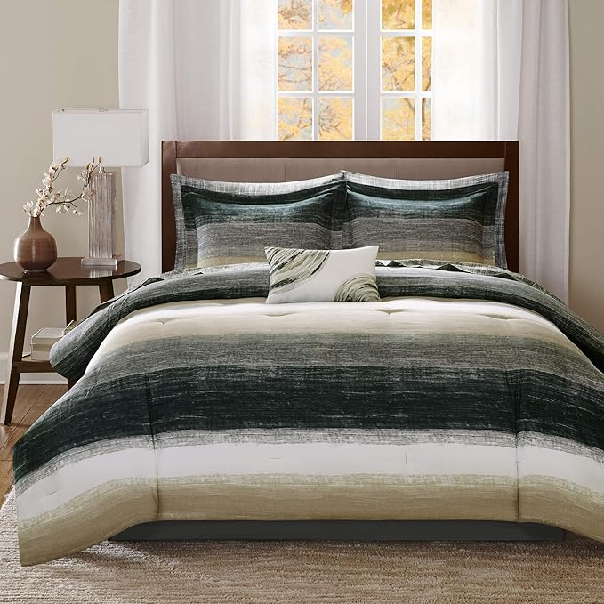 Madison Park Essentials Twin Comforter Set, Bed in a Bag Twin, Watercolor Print Coastal Comforter & Chambray Cotton Sheet Set, All Season Bedding Set, Saben, Taupe Twin (68 in x 86 in) 7 Piece