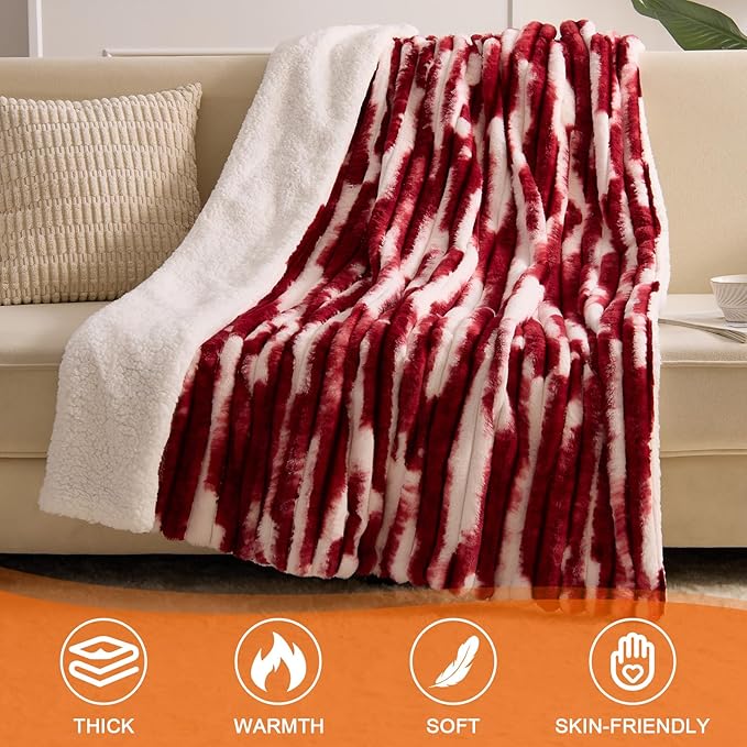 Heated Blanket Throw - 50"x60" Fast Heating Bed Electric Blankets Throw with 6 Heating Levels & 4 Hours Auto Off, Soft Ribbed Faux Fur Sherpa, Over-Heated Protection ETL, Red