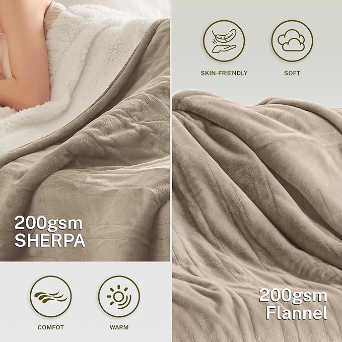 Heat Blanket 50”x60” Throw,Soft Flannel & Sherpa Reversible Electric Blanket with 10 Heat Settings,12 Timer Setting and 3 Hours Auto-Shut Off,ETL Certified Machine Washable,Light Brown