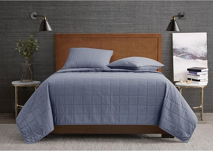 LONDON FOG Garment Washed Solid Quilt Set Blue Microfiber 3-Piece King Quilt Set, Solid Themed, Adult and Teen, Oeko-TEX Certified