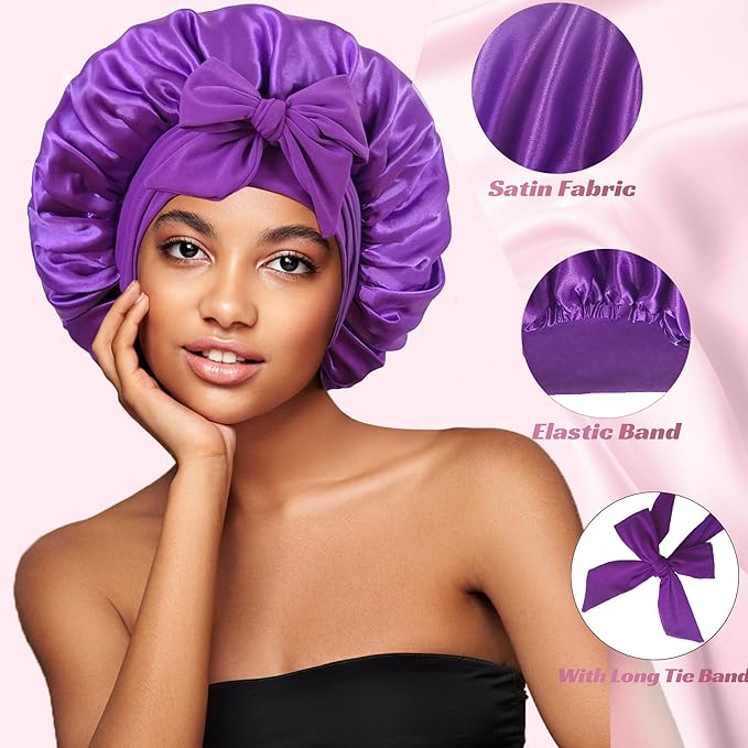 vidsel Bonnet with Tie Band, Hair Care Satin Silk Bonnet for Sleeping Women, Silky Sleep Bonnets for Women, Reversible Double Layer Sleep Cap for Curly Hair Braids