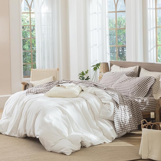 MooMee Gingham Sheet Set 100% Washed Cotton Linen Like Textured Breathable Soft w/Fully Elasticized 16-19" Deep Pocket (Classic Gingham Brown, Queen)