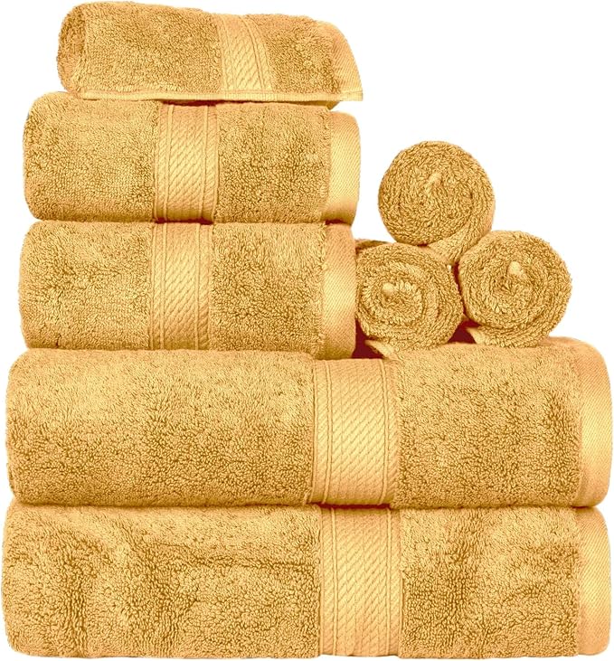 Superior Egyptian Cotton Pile 8-Piece Towel Set, Includes 2 Bath, 2 Hand, 4 Face Towel/Washcloth, Heavyweight, Ultra Soft Luxury Towels, Thick Plush Essentials, Guest Bath, Spa, Hotel Bathroom, Gold