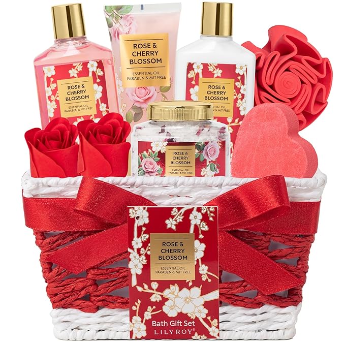 Christmas Gifts for Women - 9 Pcs Rose Bath and Body Gift Basket Set for Women, Spa Gift Set with Shower Gel | Pampering Gifts for Valentine's, Birthday, Mothers Day Gifts for Mom, Gift Sets for Her