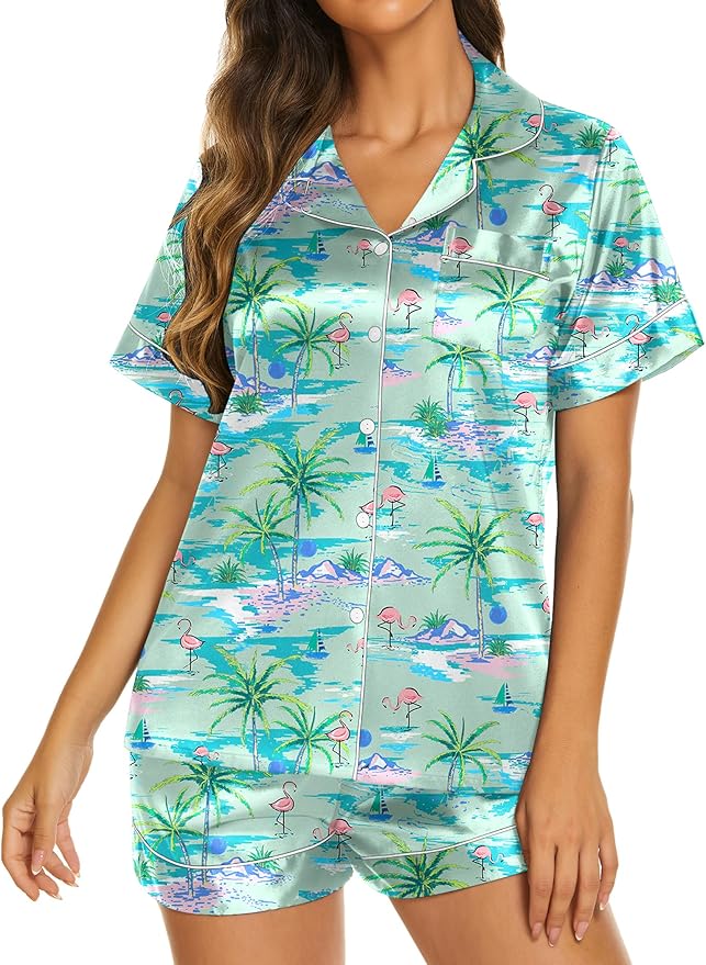 Ekouaer Pajamas for Women Set Silk Satin Pjs Shorts Sleepwear 2 Piece Loungewear S-XXL