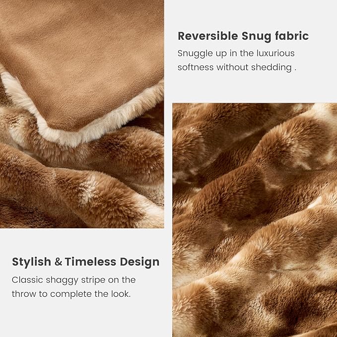Cozy Bliss Faux Fur Throw Blanket for Couch, Fuzzy Soft Plush Thick Striped Blanket for Sofa Bedroom Living Room, 50 * 60 Inches Tie-dye Brown