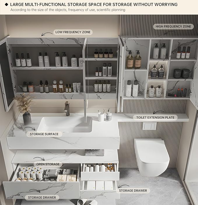 Floating Bathroom Vanity with Sink, Solid Wood Bathroom Vanity Set, Smart Defogging Mirror & Induction Side Cabinet & Large Storage - Elegant Bathroom Vanities (White,32IN)
