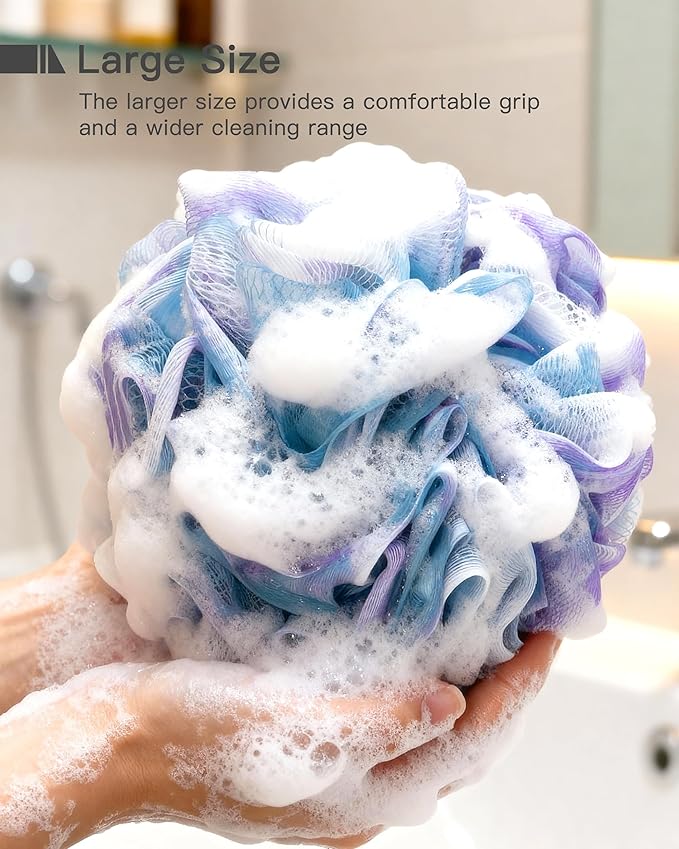 Large Bath Sponge Pouf 70g, 6.3 Inch Exfoliating Shower Loofah, Soft Durable PE Mesh with Reinforced Knotting, Rich Lather Body Wash Scrubber, 4-Pack Elegant Colors Gift Set（A-4Pcak）