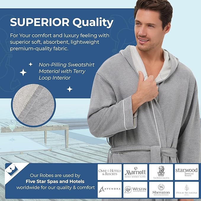 MONARCH Hooded Terry Shawl Collar Unisex Bathrobe – Thick Terrycloth Fabric, Generously Sized Hotel & Spa Robe with Pockets