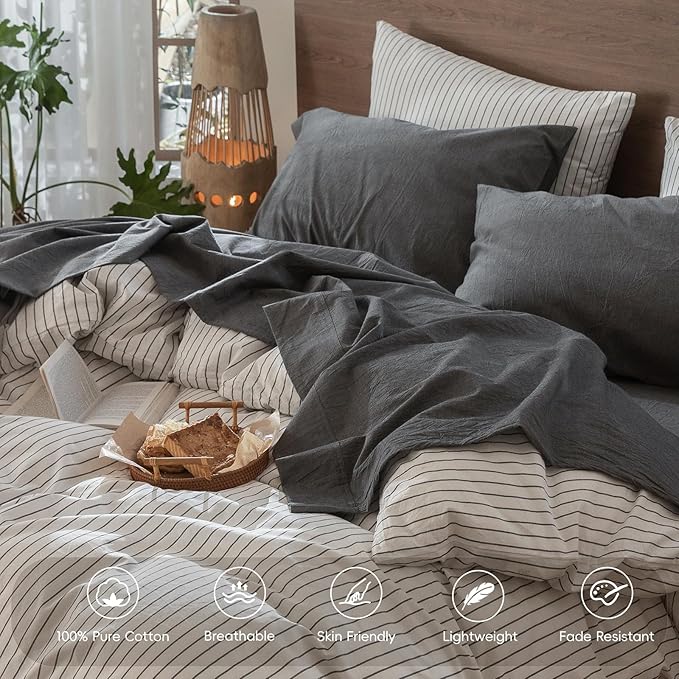 MooMee Bedding Sheet Set 100% Washed Cotton Linen Like Textured Breathable Durable Soft Comfy (Heathered Dark Grey, Queen)