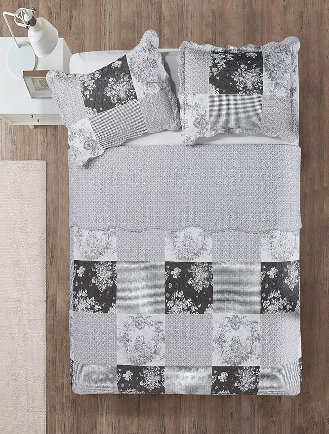 Brilliant Sunshine Grey Toile Floral Patchwork, 3-Piece Quilt Set with 2 Shams, Reversible Bedspread, Soft Lightweight Coverlet, All-Season, King, Grey