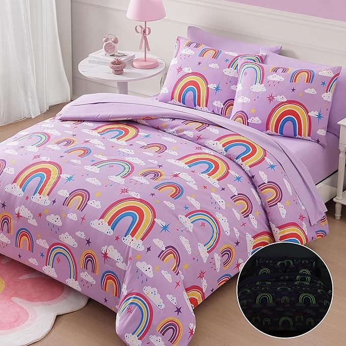Full Size Comforter Set for Girls-7 Pieces Purple Rainbow Glow in The Dark Full Bedding Sets for Kids, Ultra Soft Bed in A Bag with Sheets