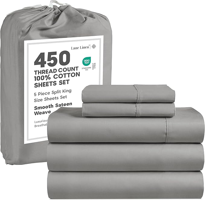 LANE LINEN Split King Sheets for Adjustable Bed – 450 Thread Count 100% Cotton, Soft & Cooling Sateen Weave, 15” Deep Pocket Fully Elasticized Fitted Sheet, Fade-Resistant Bedding, Paloma