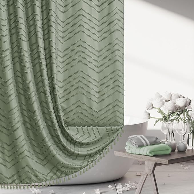 Extra Long Sage Green Boho Shower Curtain with Tassel, Woven Fabric 96 in Shower Curtain, Tufted Chevron Striped, 72 x 96, Modern Chic Textured Minimalist Bathroom Shower