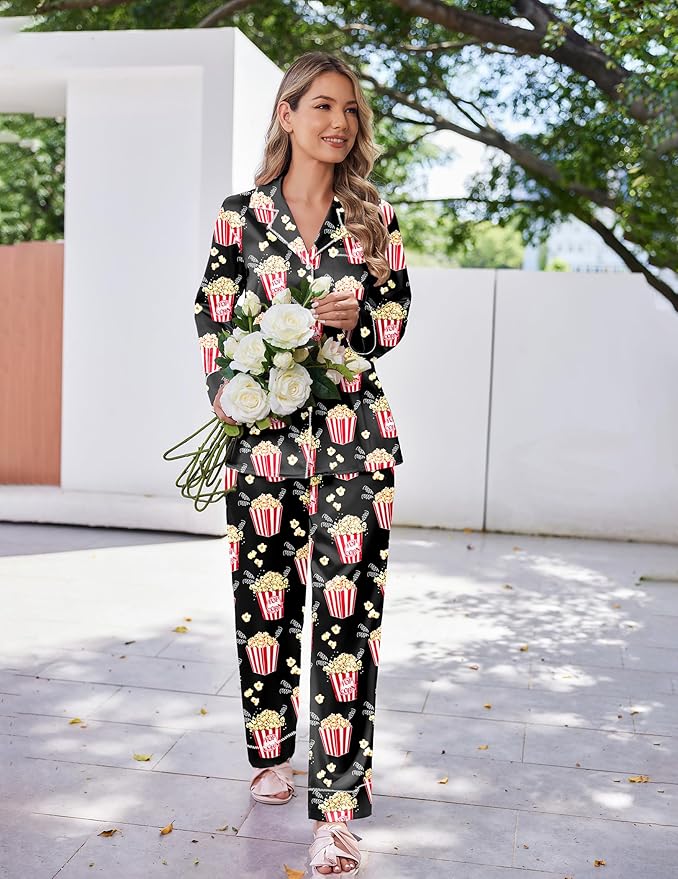 Ekouaer Satin Pajama Set for Women Silky Sleepwear Long Sleeve Top and Pants Button Down Pjs Lounge Set