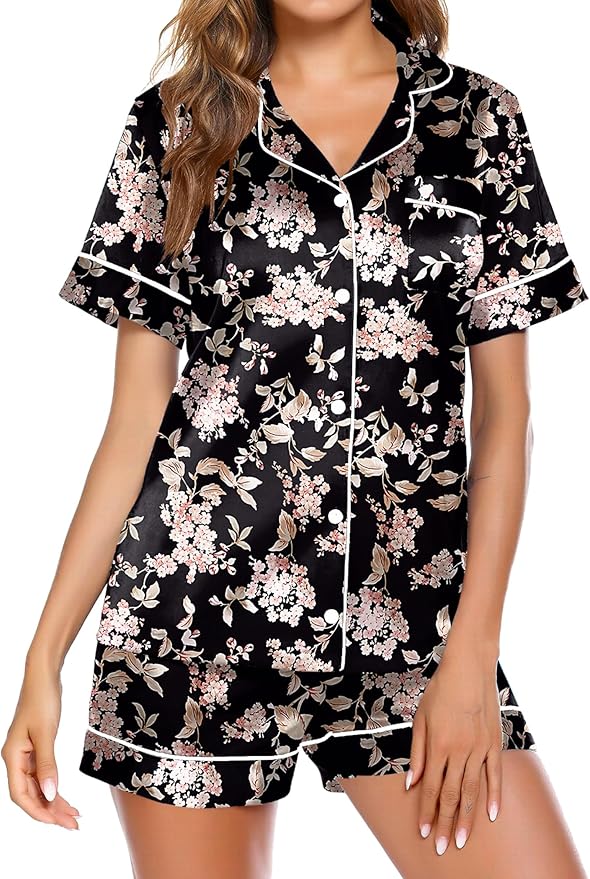 Ekouaer Pajamas for Women Set Silk Satin Pjs Shorts Sleepwear 2 Piece Loungewear S-XXL