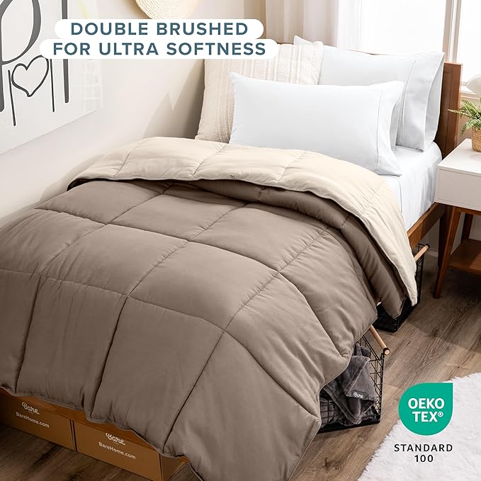 Bare Home Twin/Twin Extra Long Comforter - Reversible Colors - Goose Down Alternative - Ultra-Soft - Premium 1800 Series - All Season Warmth - Bedding Comforter (Twin/Twin XL, Taupe/Sand)