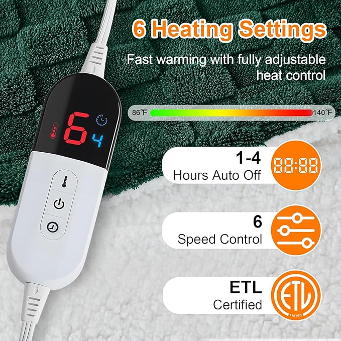 Electric Heated Throw Blanket - Jacquard Checkered Sherpa 50"x60" Fast Heating Bed Blankets with 6 Heating Levels & 4 Hours Auto Off, Over-Heat Protection ETL, Dark Green