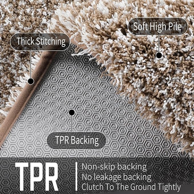 Yimobra Bathroom Rugs Non Slip Washable, Ultra Soft and Water Absorbent Bath Mats, Plush Fluffy Shower Mat Outside, Microfiber Thick Matts for Bathroom Floor/Sink, 24x17, Light Brown and White