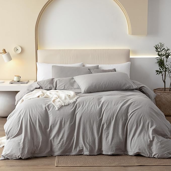 JIYUAN 100% Washed Cotton Duvet Cover Set 3 Pieces Cal King, 1 Duvet Cover 104x98 Inches(Comforter Not Included) and 2 Pillowcases,Linen Feel Bedding Set Comfy and Breathable, Heathered Pastel Grey