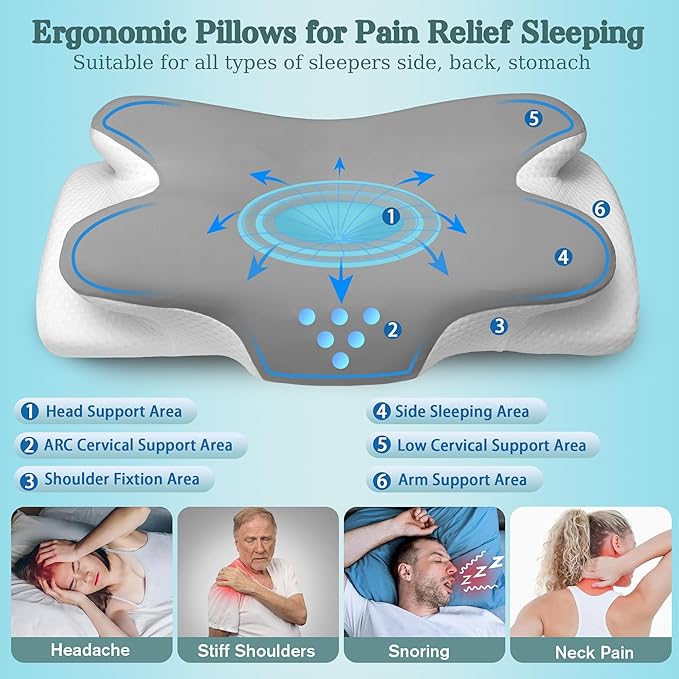 Cervical Neck Pillow for Sleeping,Memory Foam Pillows for Neck Pain Relief,Ergonomic Neck Support Contour Pillow for Side Back Stomach Sleepers,Orthopedic Breathable Pillowcase(Light Grey)